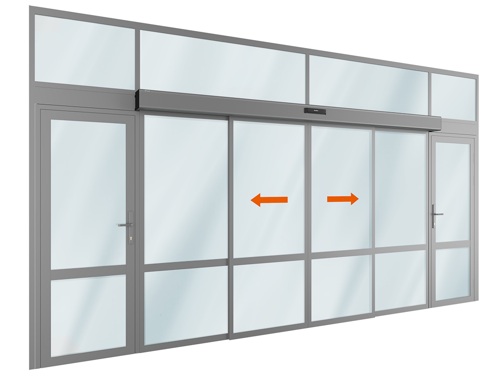 Комплект автоматической раздвижной двери (две подвижные, две неподвижные, две распашные створки и фрамуга сверху) для привода серии ad-sp